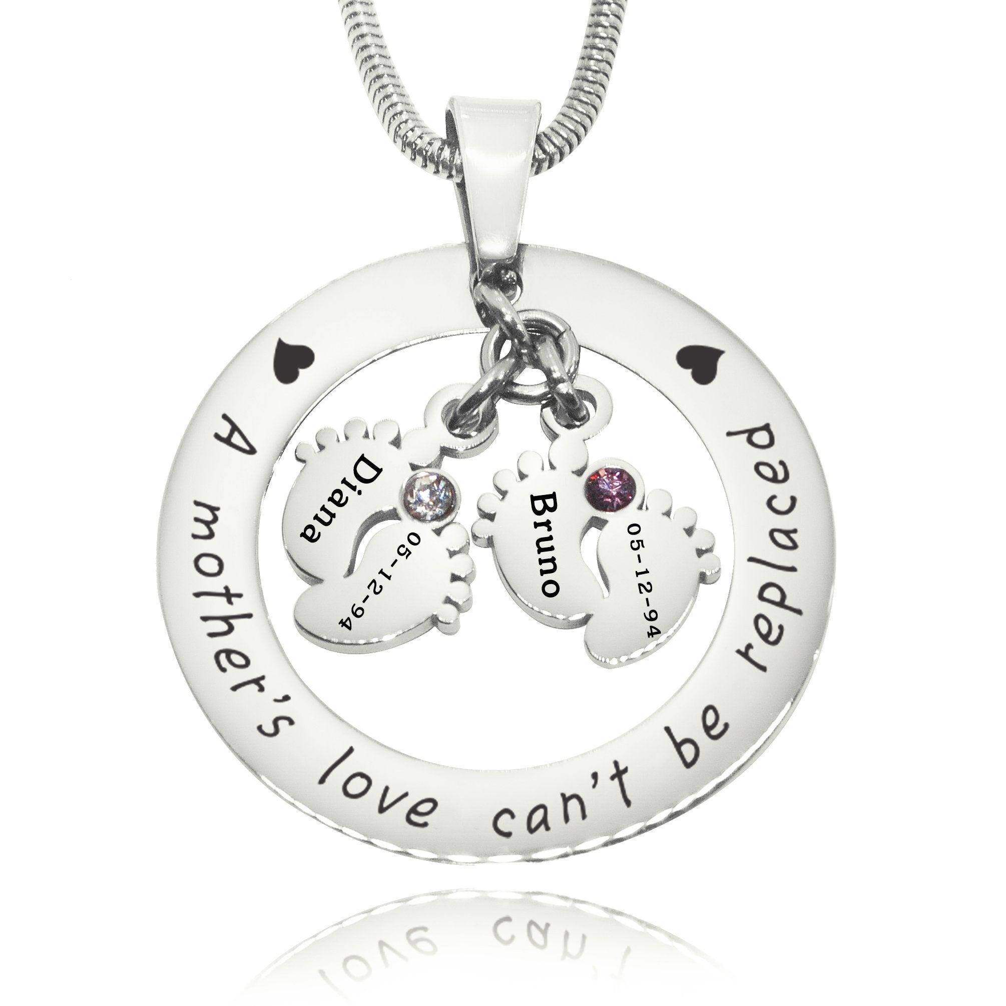 Cant Be Replaced Necklace - Double Feet Birthstones - Mothers Jewellery by Belle Fever