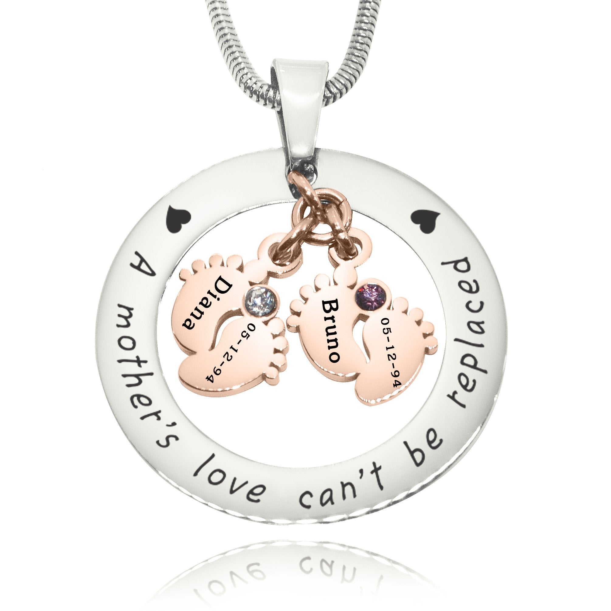 Cant Be Replaced Necklace - Double Feet Birthstones - Mothers Jewellery by Belle Fever