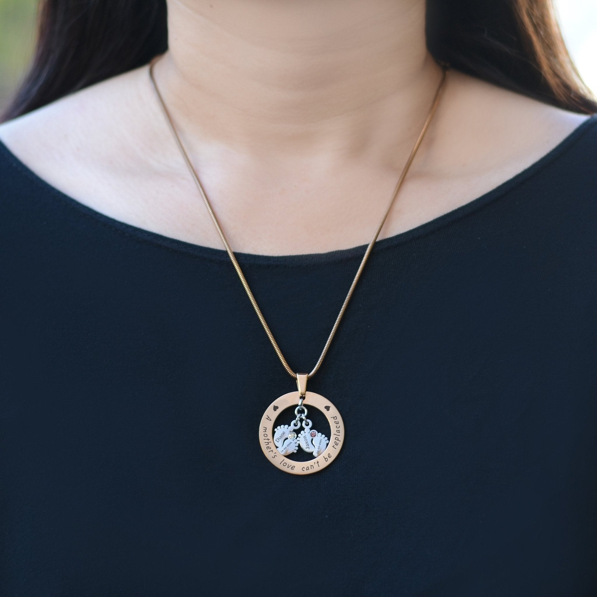 Cant Be Replaced Necklace - Double Feet Birthstones - Mothers Jewellery by Belle Fever