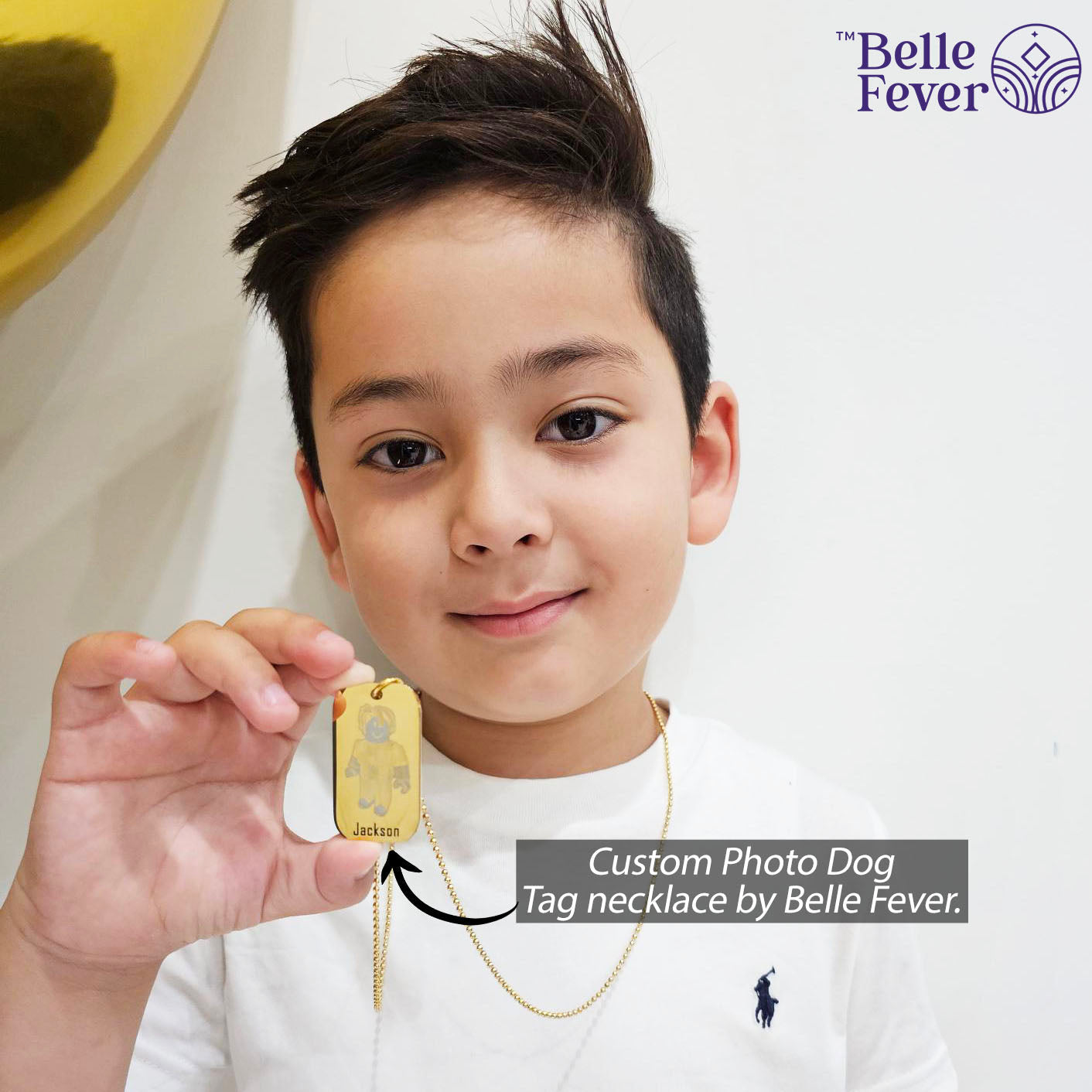 Young boy holding custom photo dog tag necklace personalised memorial jewellery handcrafted by Belle Fever in non-tarnish Monel materials