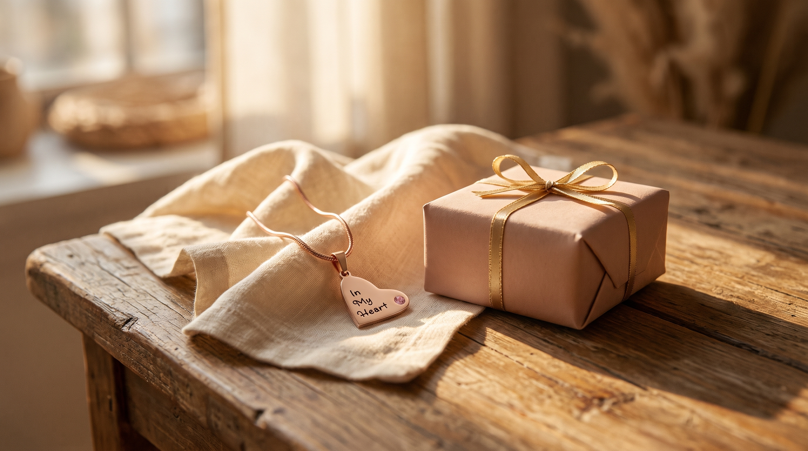 A small wrapped gift box beside an engraved pendant on a timber table