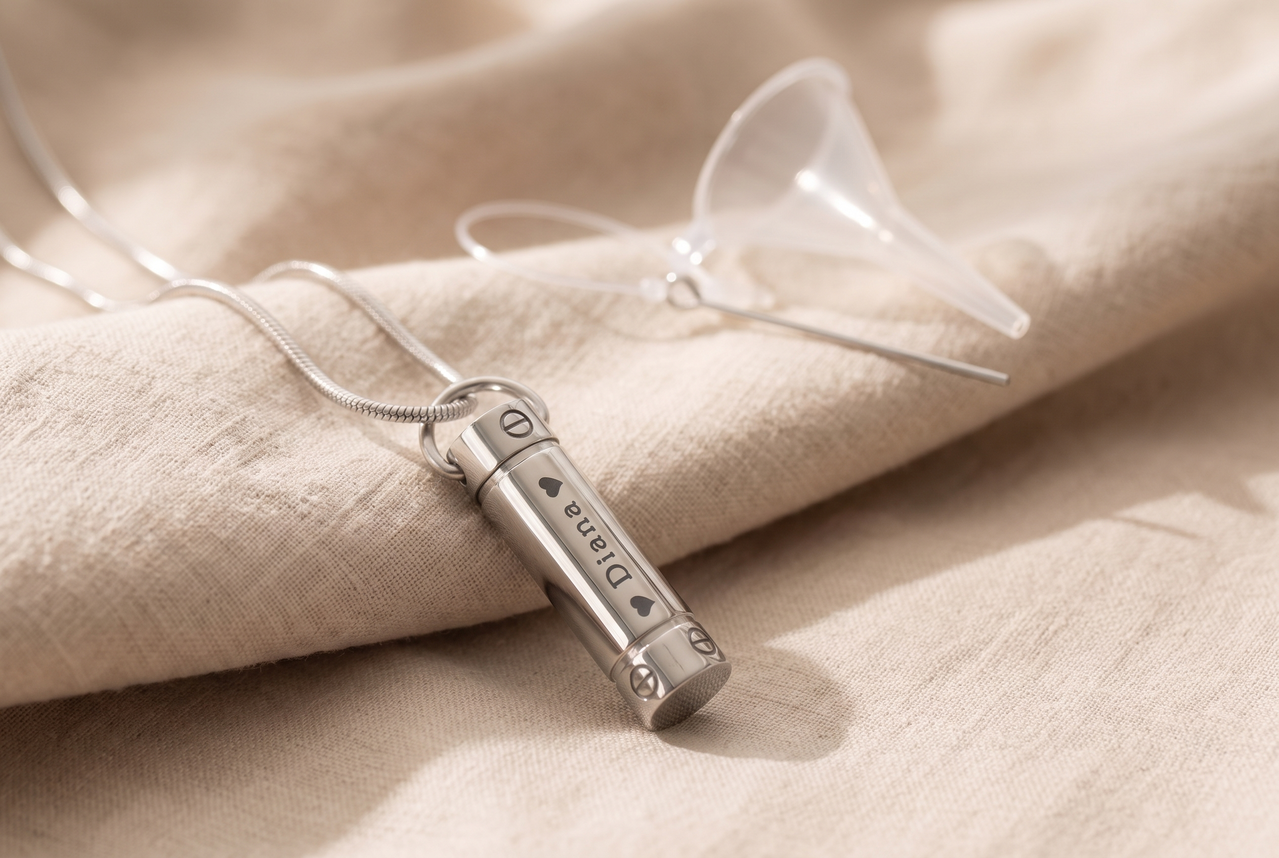 Open cremation pendant resting on a soft cloth beside a small filling funnel