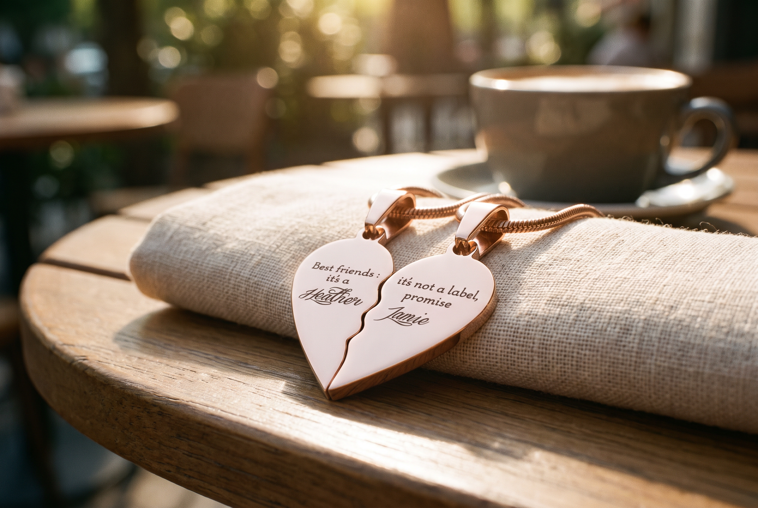 Two women laughing together at a cafe table, each wearing a personalised silver name necklace