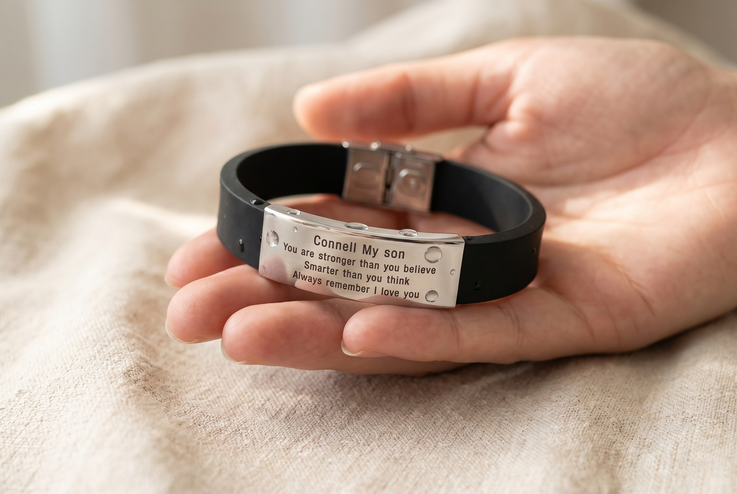 Hands gently drying an engraved bracelet with a soft cloth