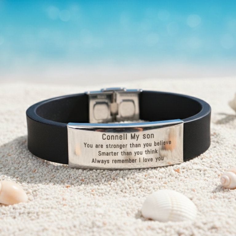 Belle Fever Always Remember Personalised ID Bracelet — sleek black band with engraved silver plate, a heartfelt keepsake carrying words of love and strength for someone special.