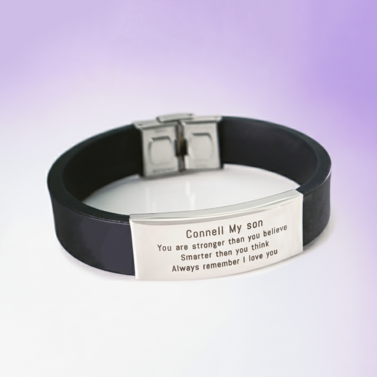 Personalised ID Bracelet by Belle Fever — black silicone with polished silver plate, engraved with an empowering message to remind loved ones of their worth and courage.
