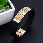 Personalised ID Bracelet by Belle Fever — black silicone with polished silver plate, engraved with an empowering message to remind loved ones of their worth and courage.