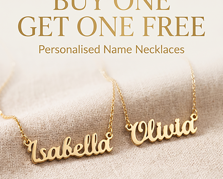 Buy one get one free personalized name necklaces featuring elegant custom script names, perfect for meaningful gifts and special occasions.