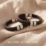 Personalised leather bracelets with two engraved name charms, featured in a Buy One Get One Free offer for meaningful matching gifts.