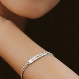 Belle Fever Silver Bar Bracelet — a minimal, meaningful keepsake engraved with heartfelt words, capturing emotion and elegance in one timeless piece.