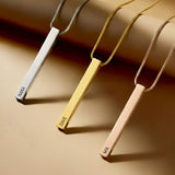 Belle Fever Bar Personalised Necklace — sleek gold, silver and rose gold vertical bar pendants displayed together, a minimalist personalised jewellery piece designed for everyday elegance.