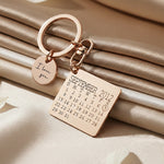 Romantic Belle Fever calendar keyring with disc charm engraved with your wedding date, a meaningful anniversary keepsake.