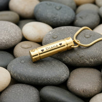 Gold Cylinder Cremation Necklace by Belle Fever — an elegant memorial piece handcrafted to hold ashes and honour treasured memories.