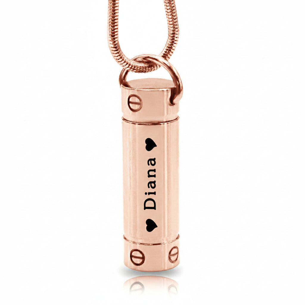 Rose gold Belle Fever Cylinder Cremation Necklace — a beautiful keepsake crafted to hold ashes, celebrating love that lives forever.