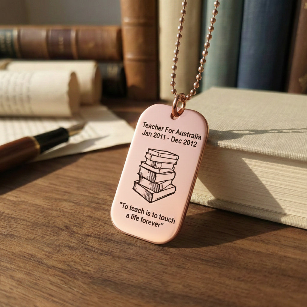 Rose Gold Dog Tag Necklace Teacher TEXT with SYMBOL, Mens Jewellery by Belle Fever, Gift for teacher