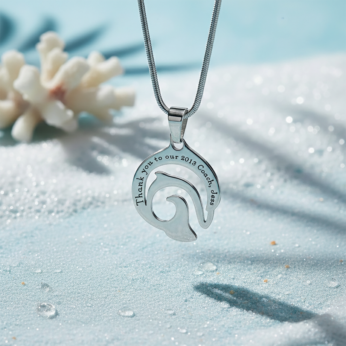 Minimalist dolphin necklace with custom engraved message, belle fever ocean inspired freedom jewelry.