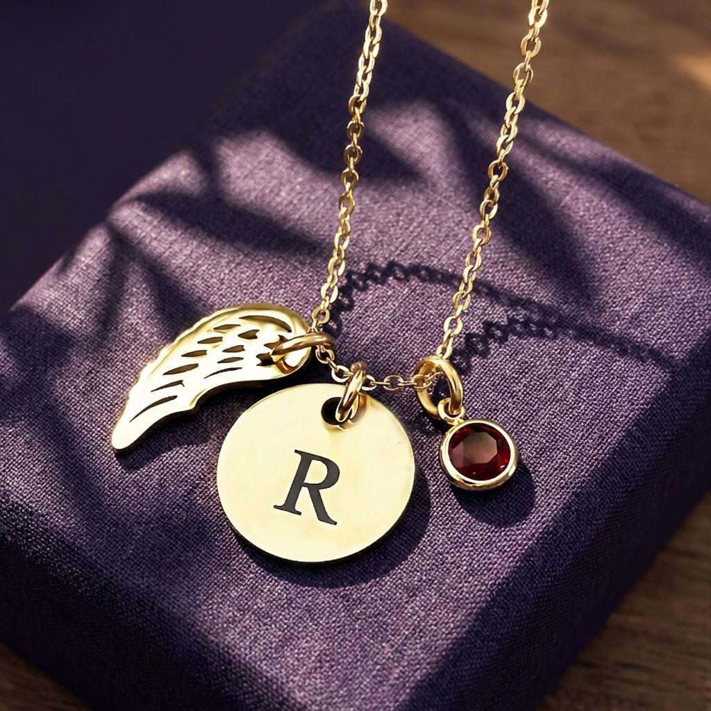 Gold Memorial Angel Necklace with Stone Charm - Memorial & Cremation Jewellery by Belle Fever
