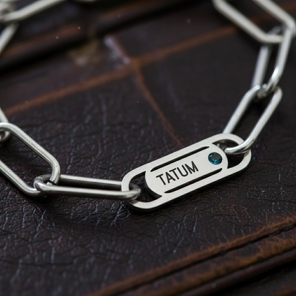 Close-up of Silver Endless Ties Name Bracelet by Belle Fever — engraved names and shimmering birthstones representing eternal bonds and cherished memories.