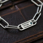 Close-up of Silver Endless Ties Name Bracelet by Belle Fever — engraved names and shimmering birthstones representing eternal bonds and cherished memories.