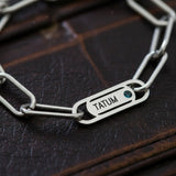 Close-up of Silver Endless Ties Name Bracelet by Belle Fever — engraved names and shimmering birthstones representing eternal bonds and cherished memories.