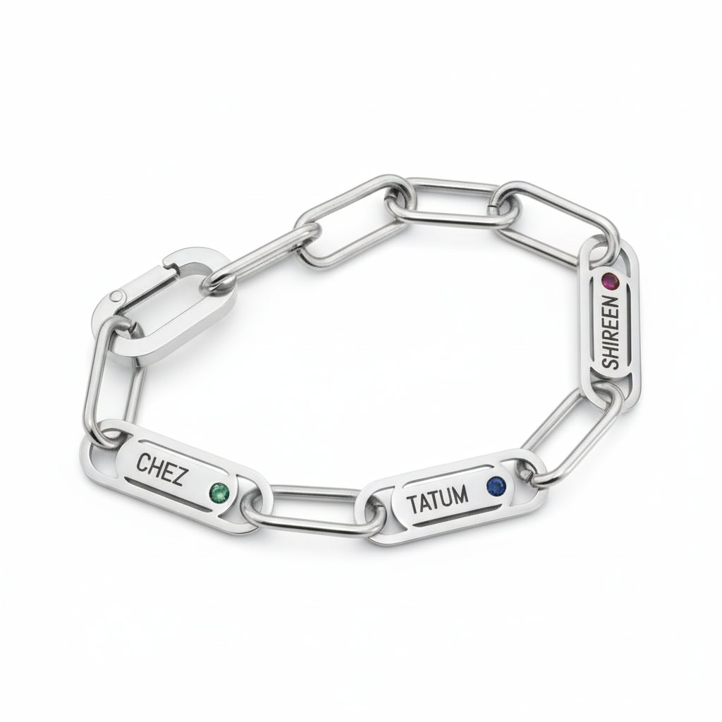 Silver Belle Fever Endless Ties Name Bracelet with Birthstone — engraved names meet shimmering stones in a timeless design of love and unity.