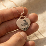 Forever in My Heart Photo Necklace by Belle Fever — engraved heart pendant showcased elegantly in hand, a heartfelt keepsake capturing precious moments forever.