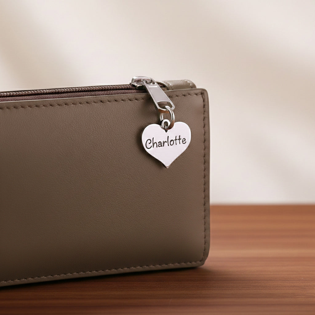 belle fever personalized heart charm for keyring on wallet, engraved name gift for everyday carry