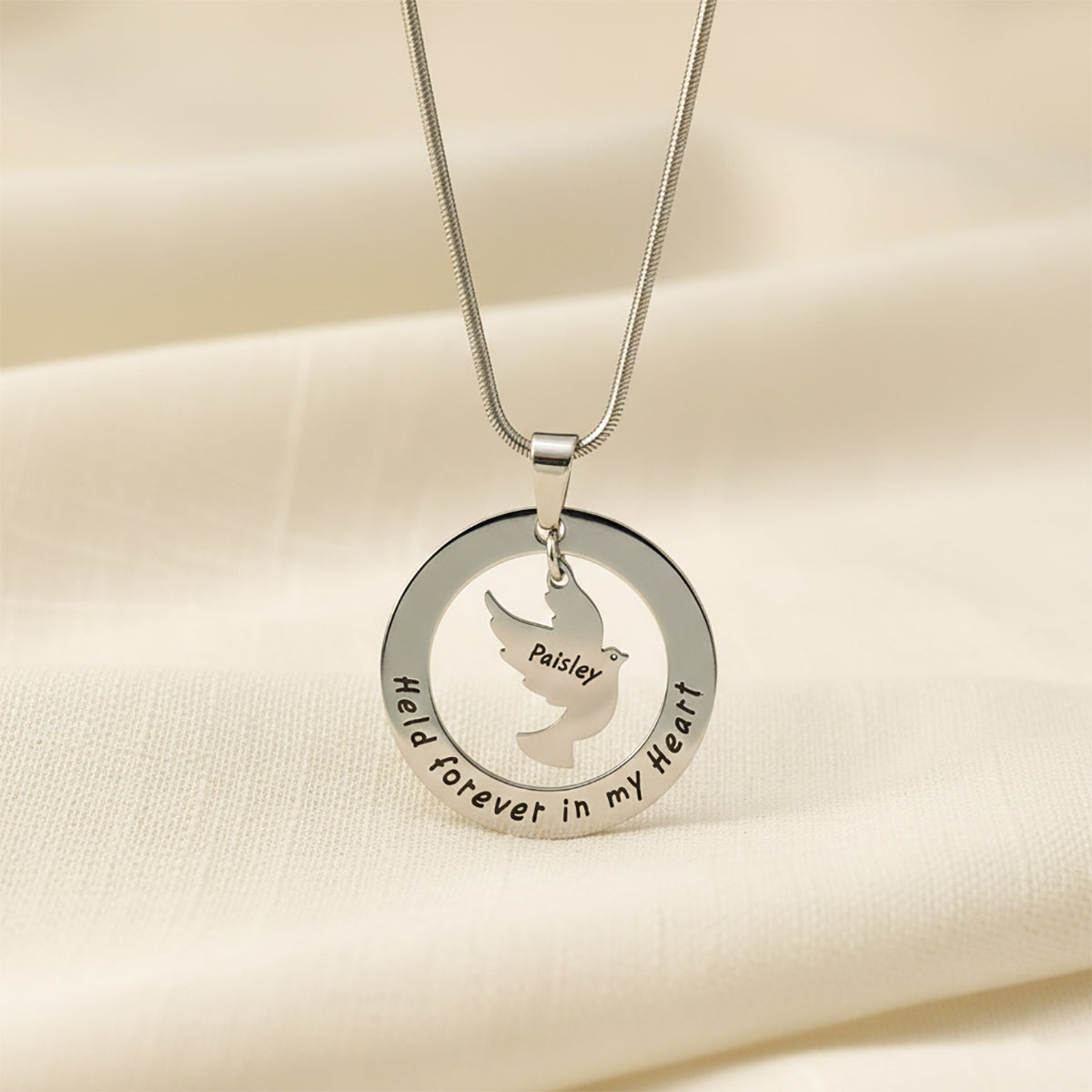 Belle Fever silver personalized memorial dove necklace, custom engraved sympathy gift, remembrance jewelry