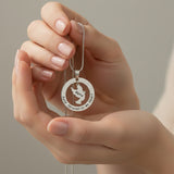 Belle Fever personalized held forever in silver, custom engraved Nana pendant held in hand, sympathy gift remembrance jewelry