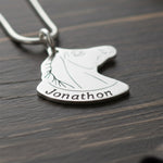 Horse Head Necklace with Custom Name by Belle Fever silver macro close-up showing engraved name Jonathon, personalised horse pendant jewellery, meaningful equestrian gift.