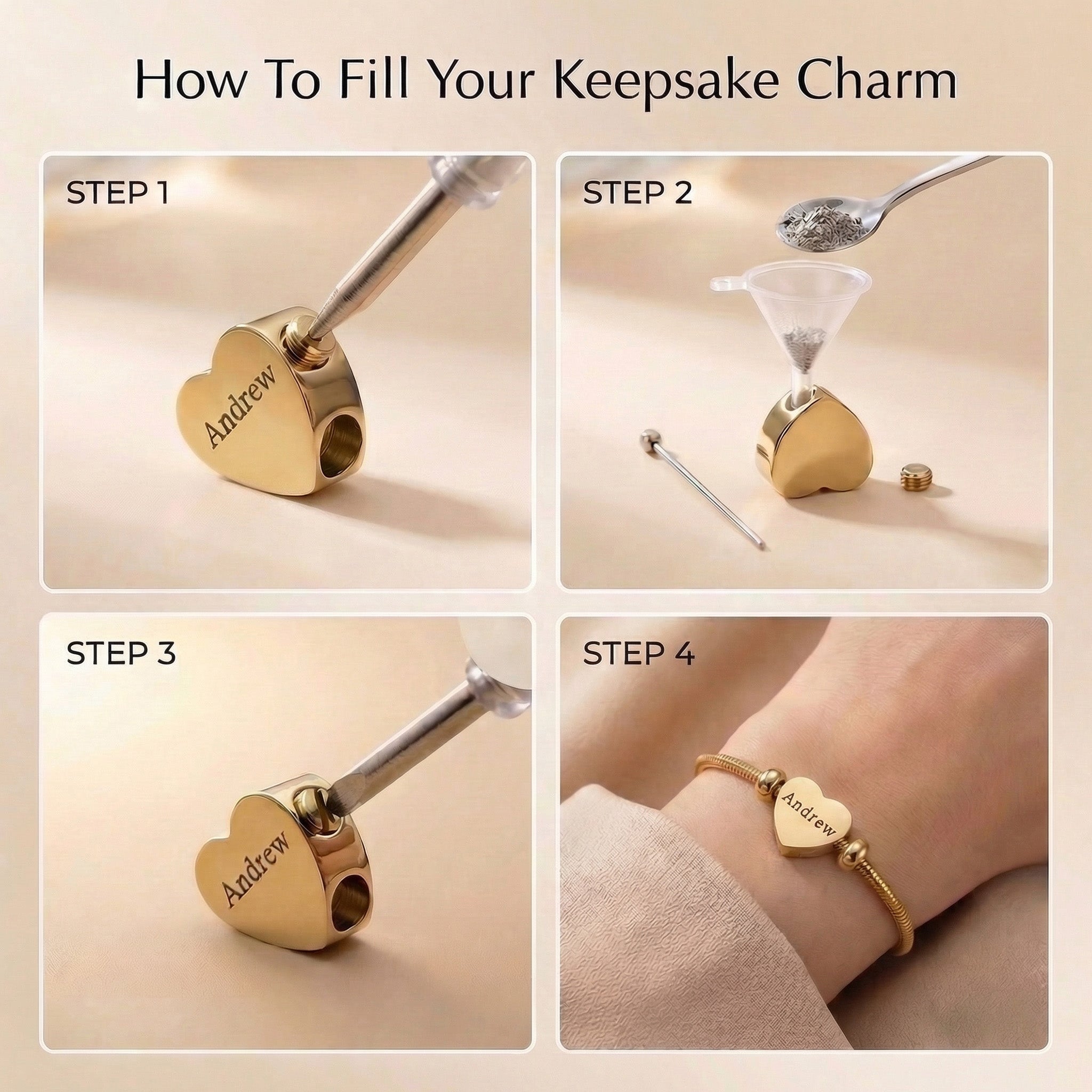 How to fill keepsake charm showing step-by-step process for adding ashes into charm bracelet