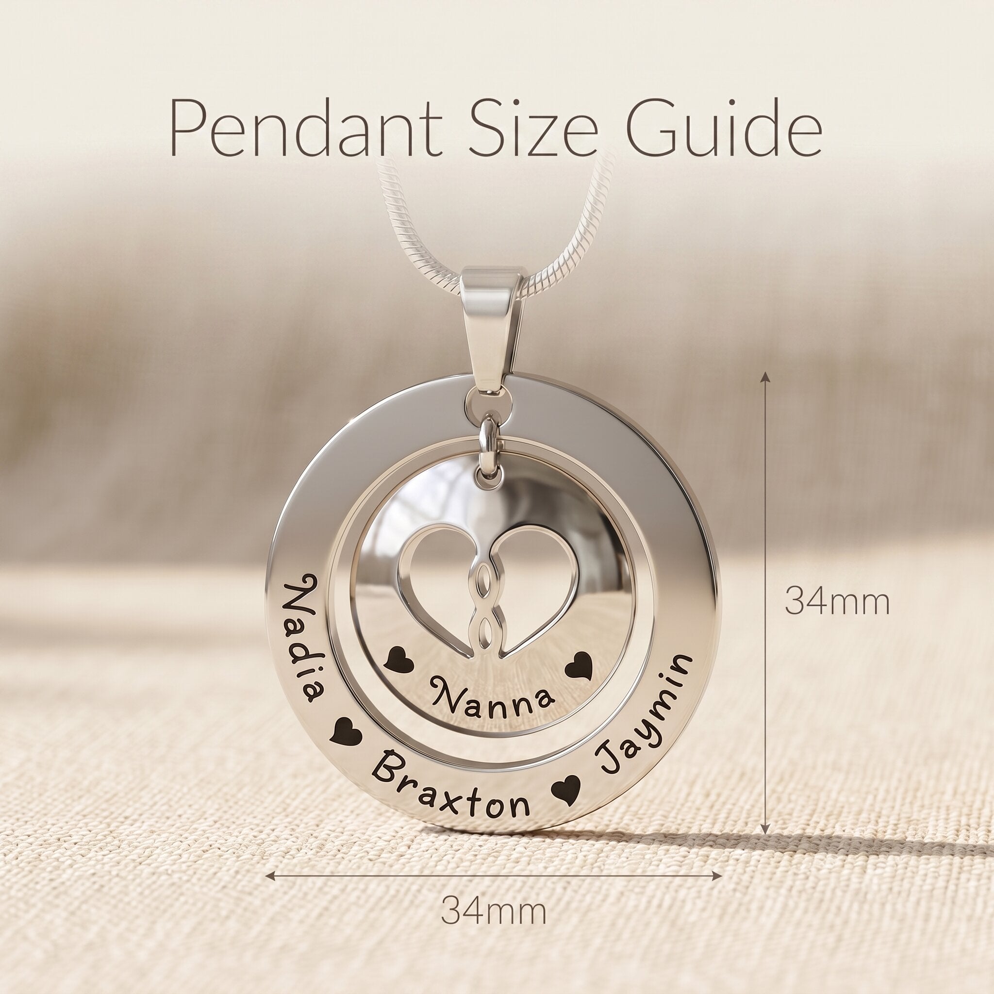 Infinity dome necklace size guide showing circular infinity pendant dimensions and engraving detail