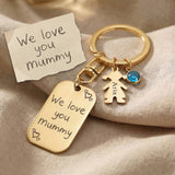 Kids personalised tag keyring with custom engraved message, child charm and birthstone detail