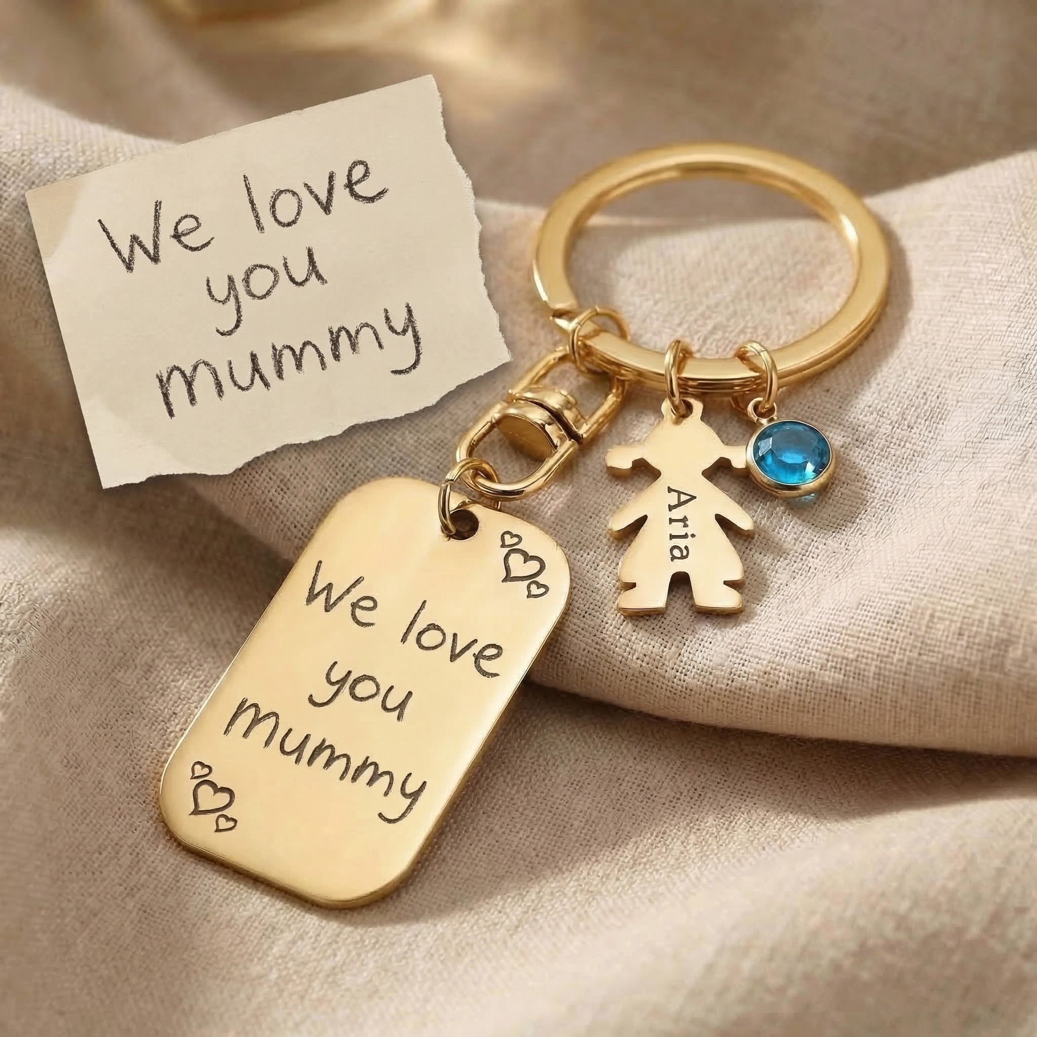 Kids personalised tag keyring with custom engraved message, child charm and birthstone detail