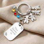 Kids personalised tag keyring with multiple child charms and colourful birthstones, family keepsake design