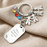Kids personalised tag keyring with multiple child charms and colourful birthstones, family keepsake design