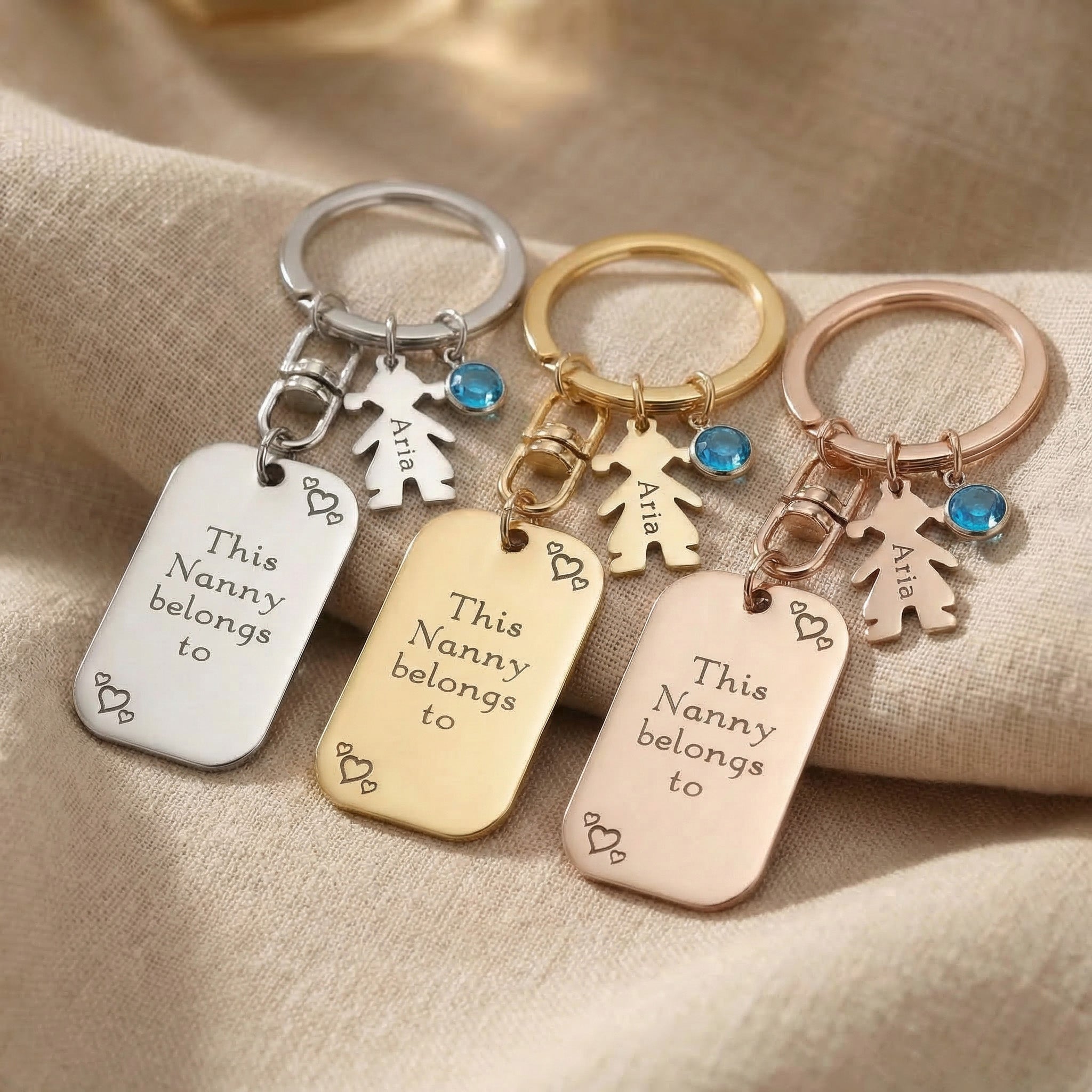 Kids Love Tag Keyring tone comparison showing gold, silver and rose gold engraved keyrings