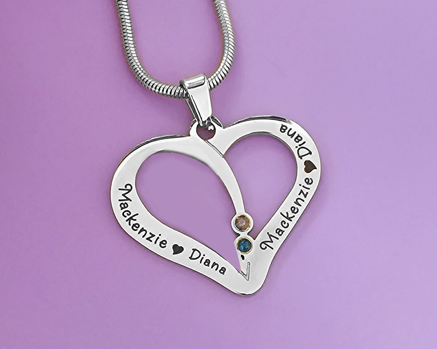 Silver Personalized love heart necklace with engraved name and 2 birthstones, elegant everyday jewelry by belle fever