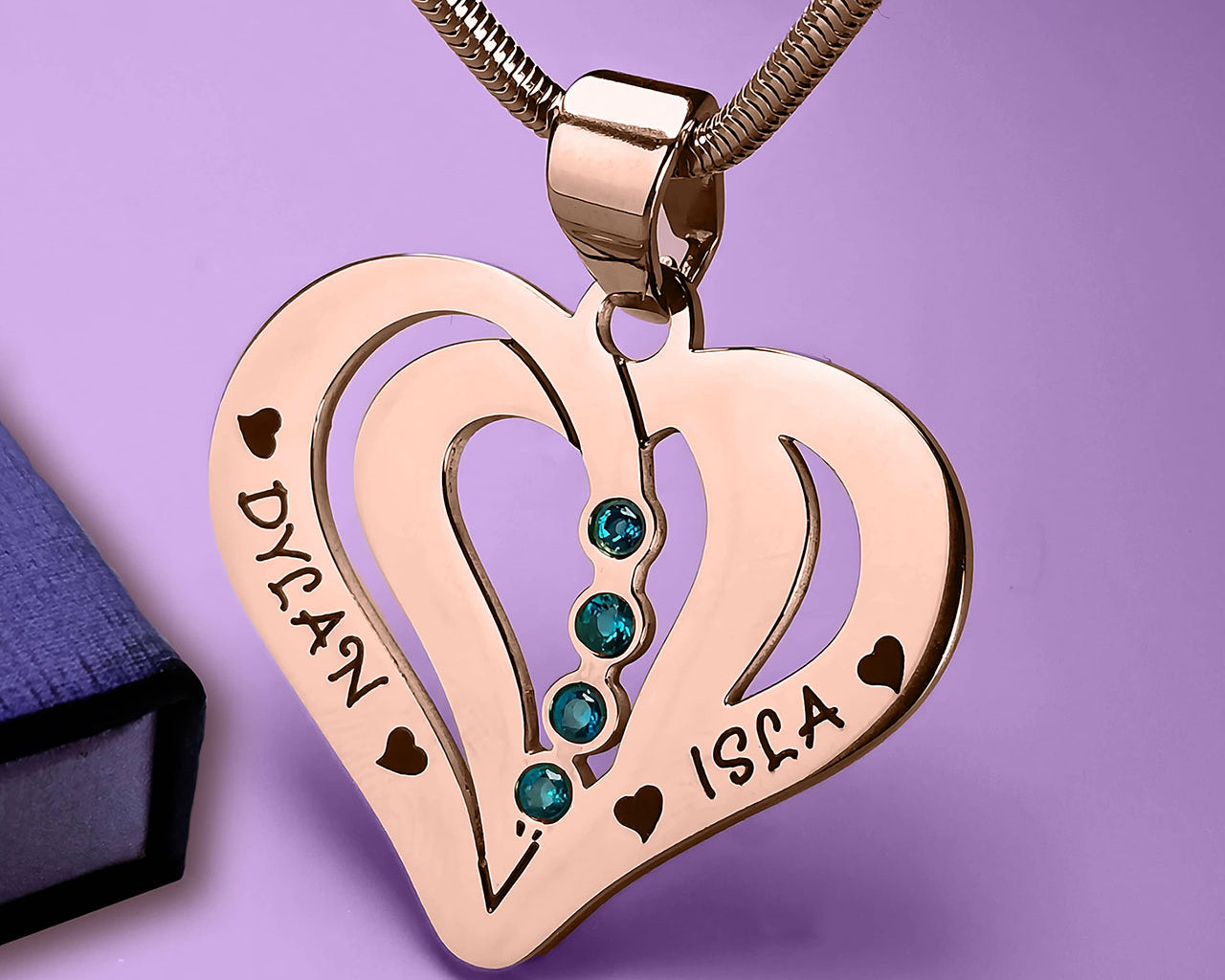 Rose Gold Personalized love heart necklace with engraved name and  4 birthstones, elegant everyday jewelry by belle fever