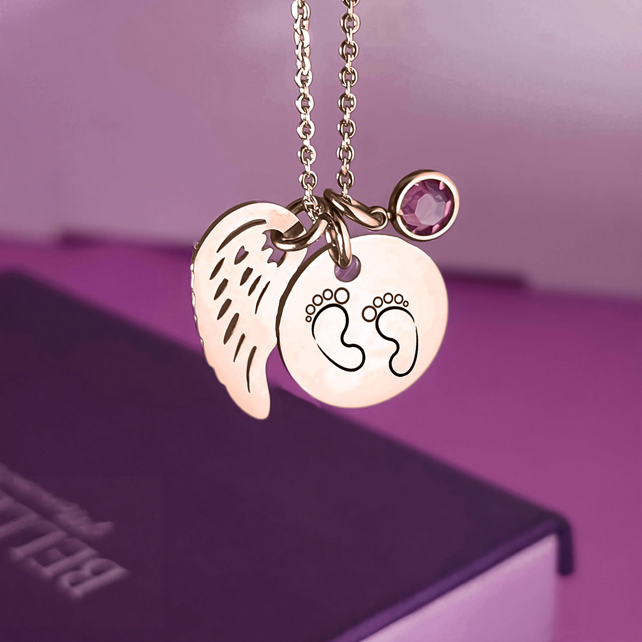 Memorial Angel Footprint Necklace with Birthstone Charm