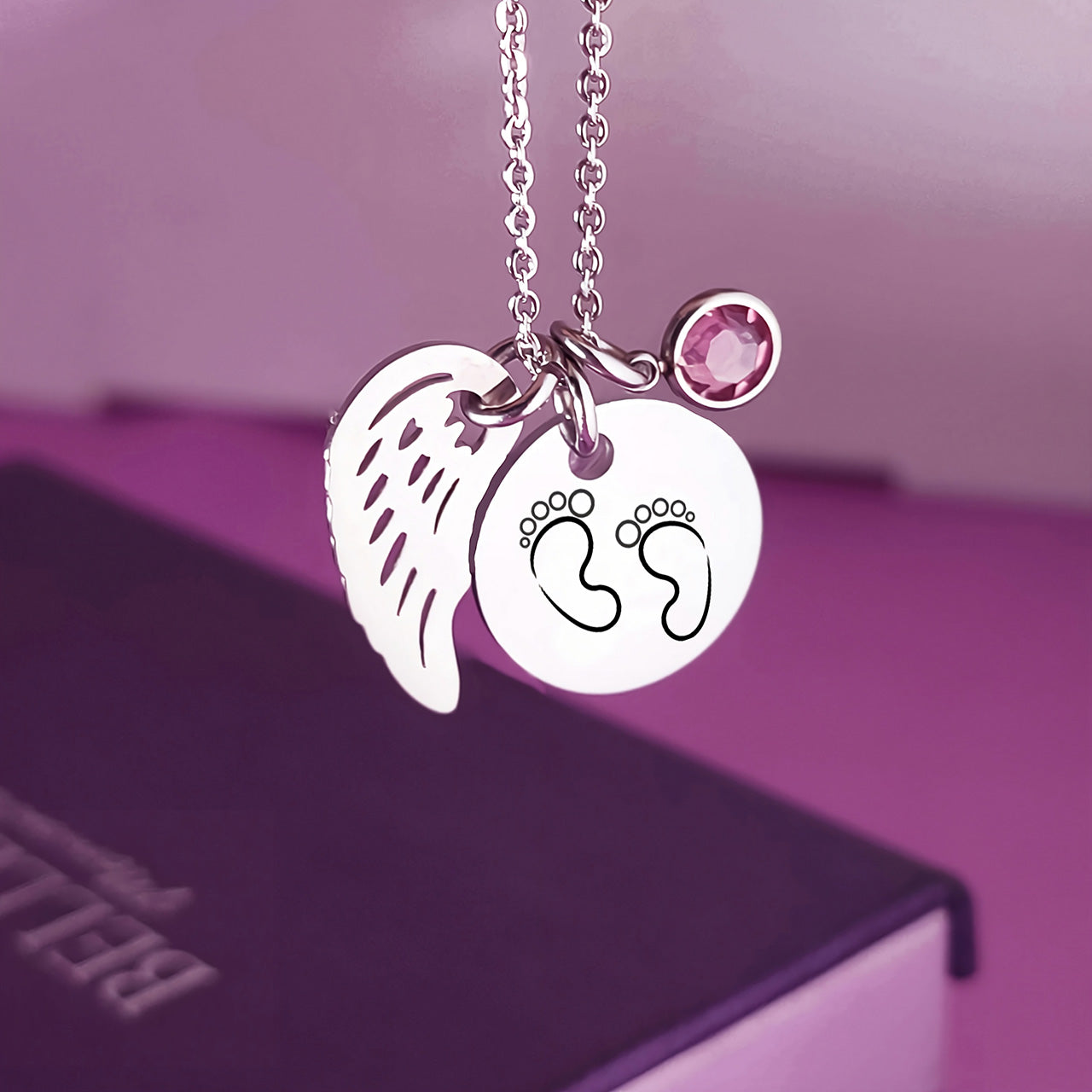 Memorial Angel Footprint Necklace with Birthstone Charm