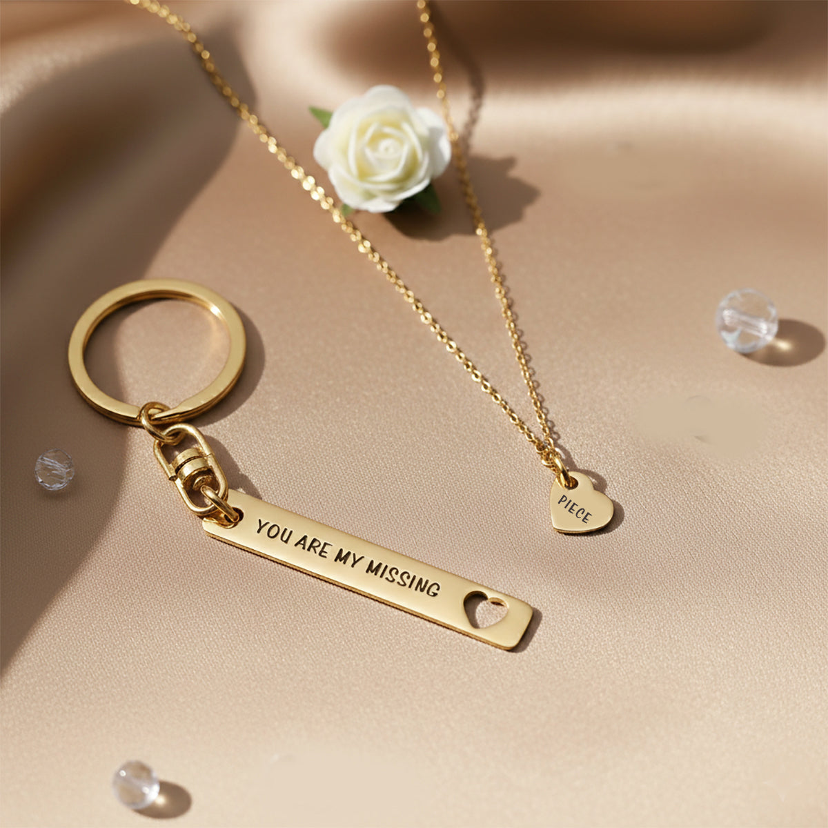 Belle Fever gold missing piece necklace and keychain set, romantic couple jewellery, personalised anniversary gift, meaningful daily wear keepsake