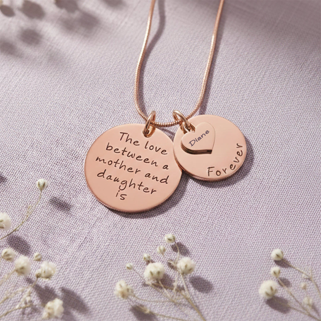 Belle Fever mother forever necklace with engraved disc and heart charm, timeless keepsake gift 