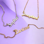 Personalised Name Necklaces by Belle Fever — gold custom name pendants for Sophia, Josephine, and Louissa, symbolising connection and identity.