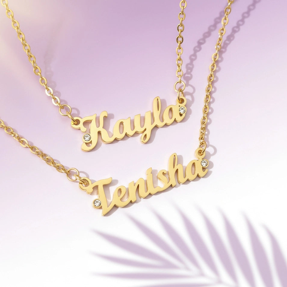 Belle Fever Gold Name Necklaces — personalised designs with names and optional birthstones, celebrating love, friendship, and special moments.