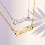 Gold and Silver Belle Fever Name Necklaces — personalised jewellery with birthstones, crafted to represent your loved ones and meaningful memories.