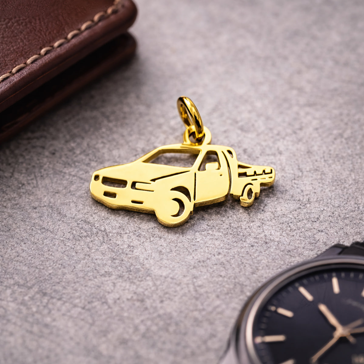 Belle Fever gold pick up charm on neutral background, pickup truck lover keyring gift for safe driving.
