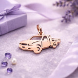Belle Fever rose gold pick up charm on lavender flat lay, elegant truck lover gift keyring keepsake.