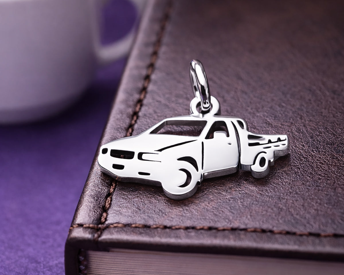 Belle Fever silver pick up charm on leather agenda, driver appreciation gift keychain, safe drive reminder.