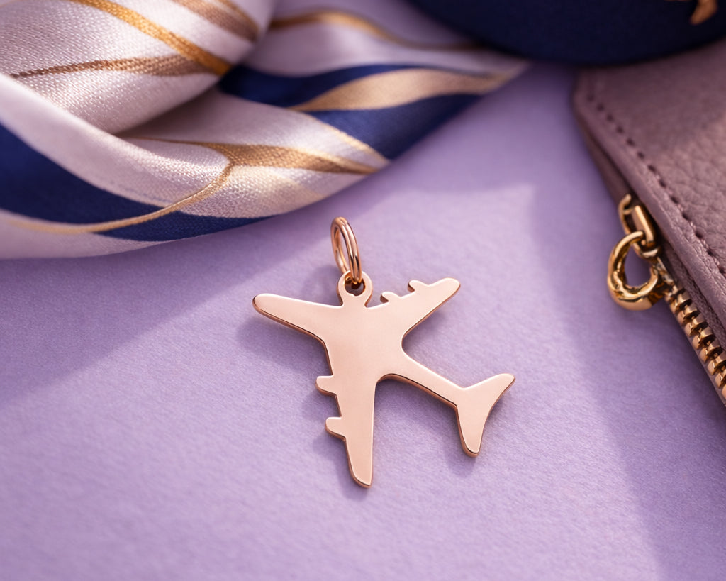 Belle Fever rose gold plane charm for keyring with scarf detail, elegant travel jewelry gift
